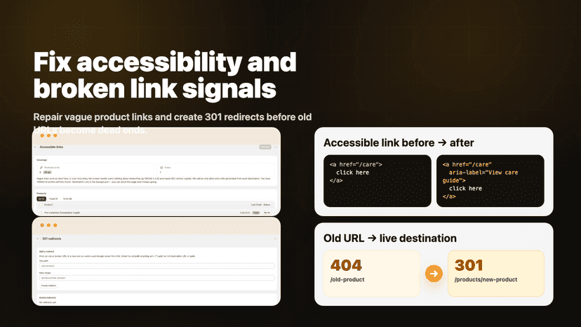 Accessible links and redirects image showing vague link fixes, a
