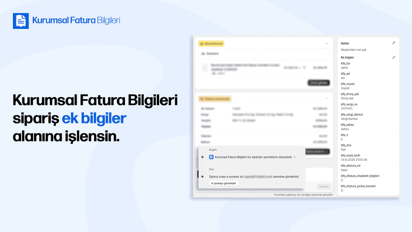 Kurumsal Fatura Bilgileri sipariş ek bilgiler alanına işlensin.