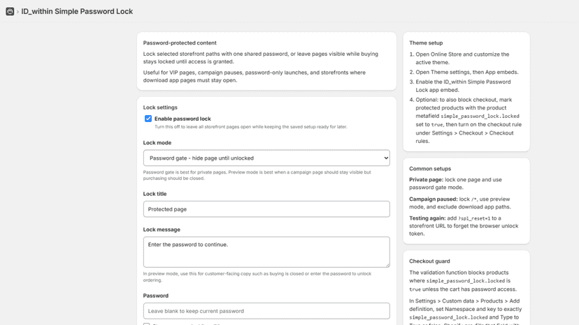 Admin settings for Shopify password lock paths