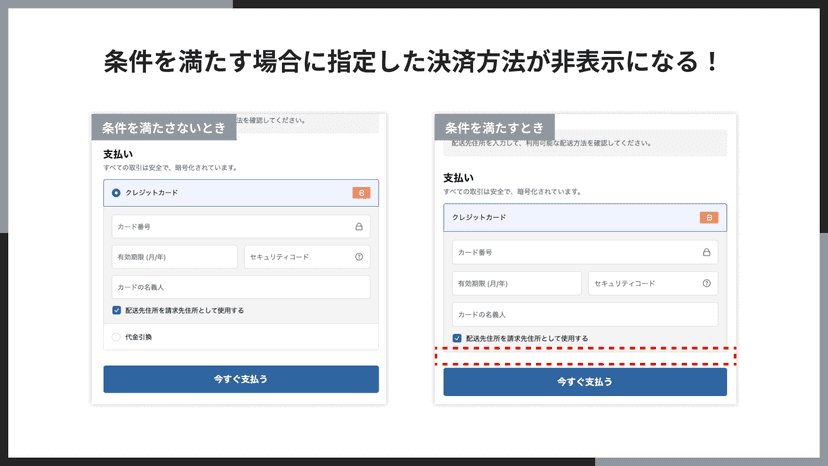 条件を満たす場合に指定した決済方法が非表示になる!