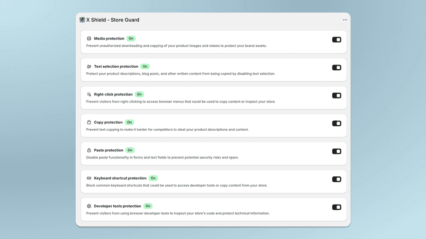 X Shield security dashboard showing protection features enabled
