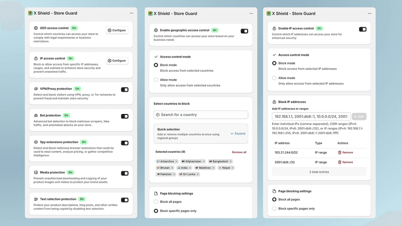 X Shield mobile: security dashboard, GEO & IP control screens