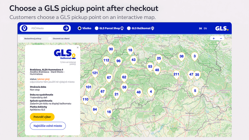 Interactive GLS map where customers select a pickup point, displ