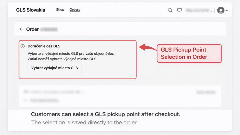 Shopify order detail page showing a GLS pickup point selection s