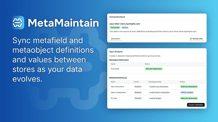 Sync analysis showing metafield definition status between stores