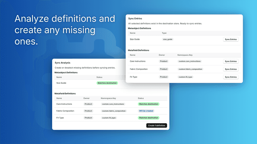 Analyzing definitions and creating missing ones before syncing