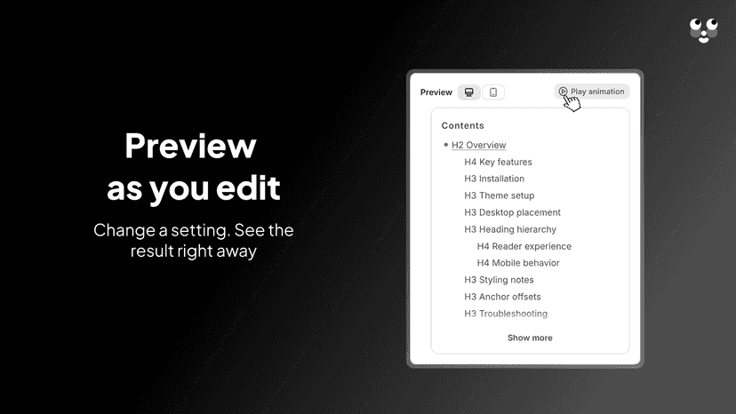 Tocito live preview for editing a table of contents