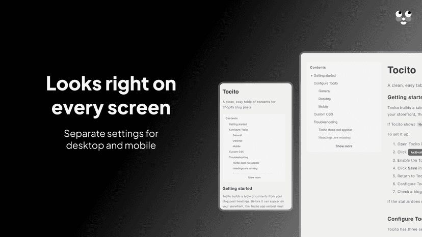 Tocito styling settings with live table of contents preview
