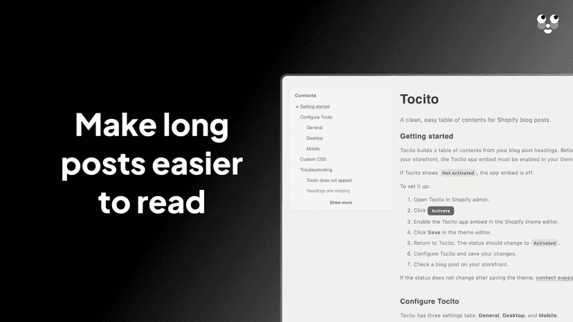 Tocito table of contents beside a Shopify blog post