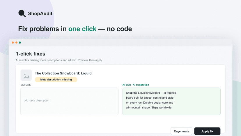 One-click AI fixes for product meta descriptions