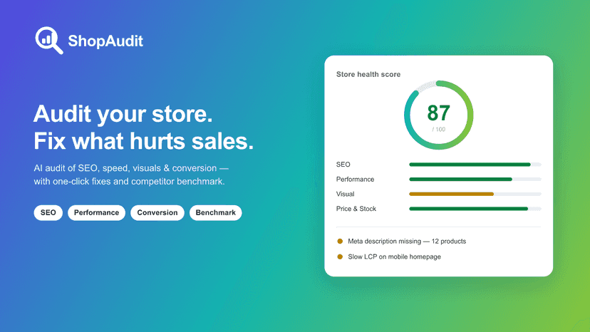 ShopAudit dashboard showing global score and category gauges