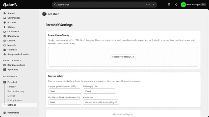 Foreshelf settings for Stocky import and Marcus safety limits