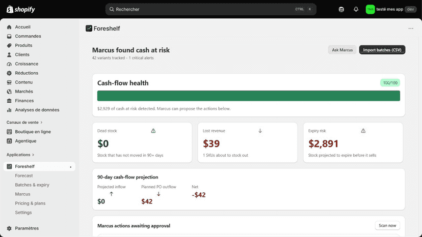 Foreshelf dashboard with inventory health and risk summaries