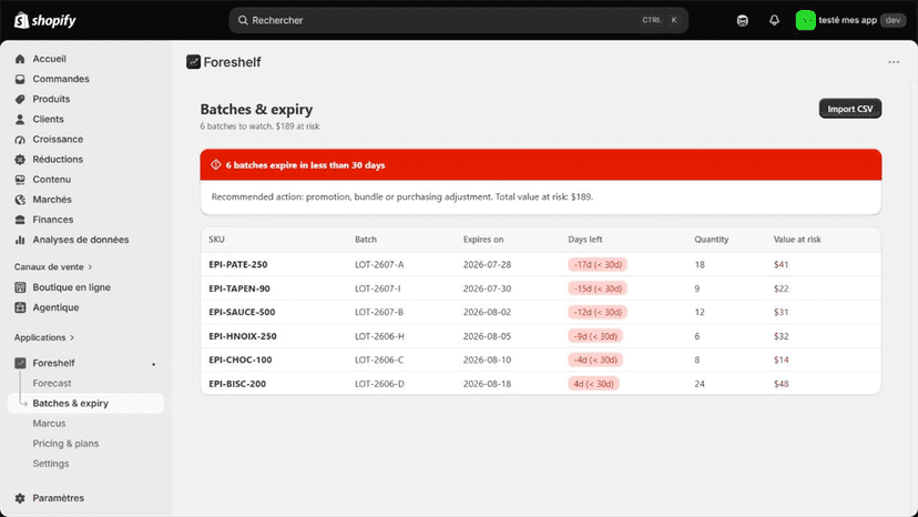 Batch and expiry tracking with CSV import controls
