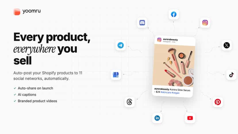 Yoomru auto-posts a Shopify product to 11 social networks