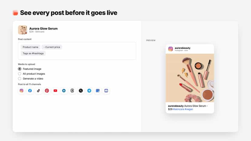 Composing a product post with a live Instagram preview