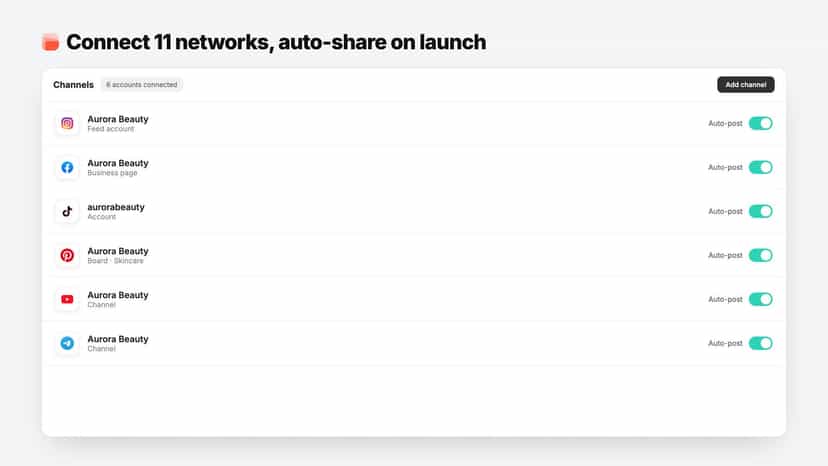 Connected social channels with auto-post switched on