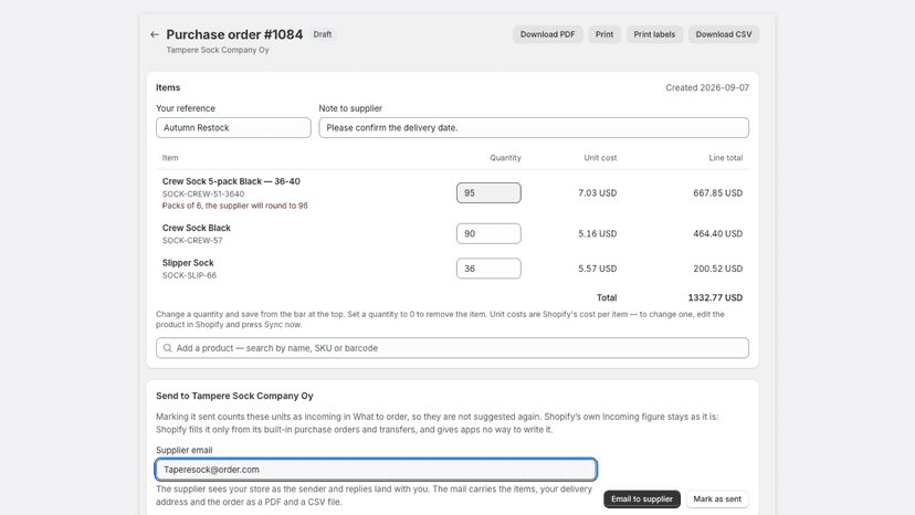 A draft: reference, note, editable quantities, pack warning