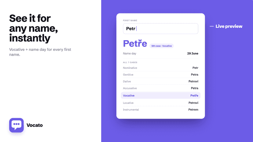 Petr in all 7 cases, vocative Petře, name day