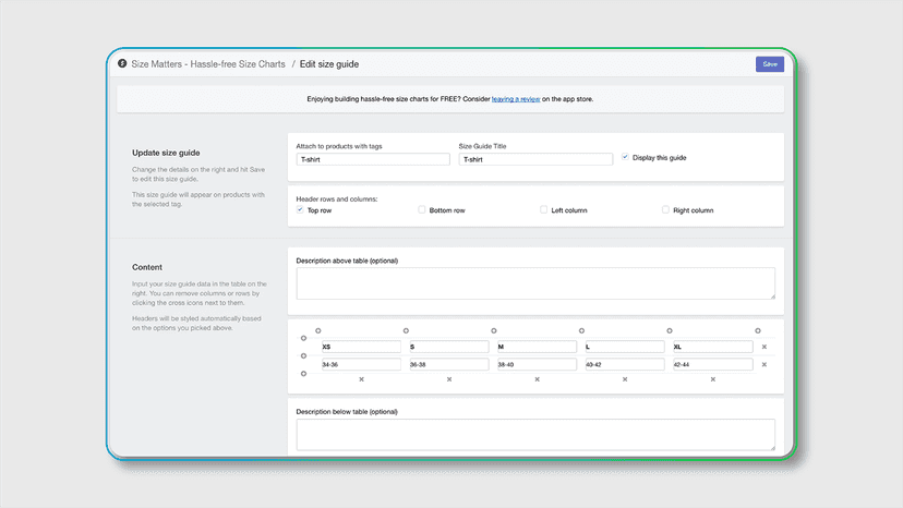 Fully customizable size charts. Attach charts to your products u