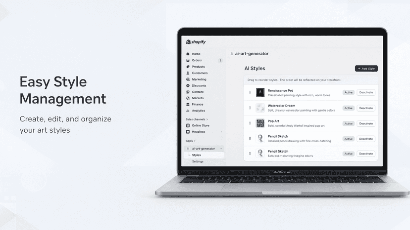 Admin dashboard with style management and status controls