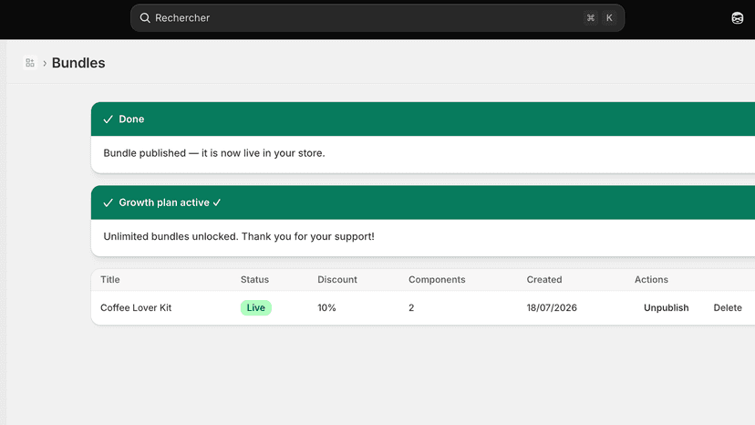 Bundle published confirmation with Growth plan