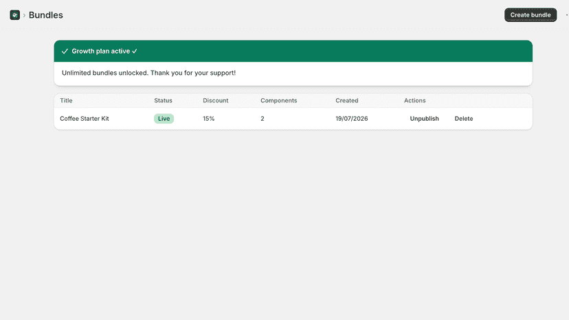 Bundles dashboard showing a live bundle