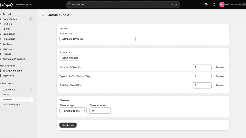Bundle creation form with products and discount