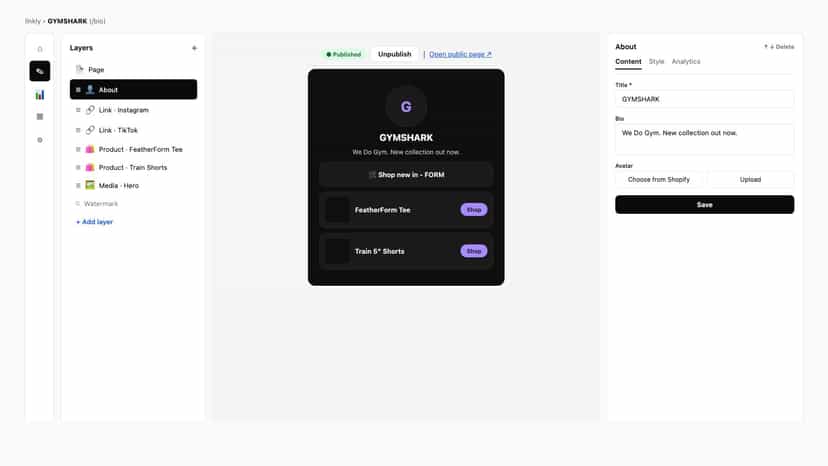 Linkly bio editor with layers and live preview