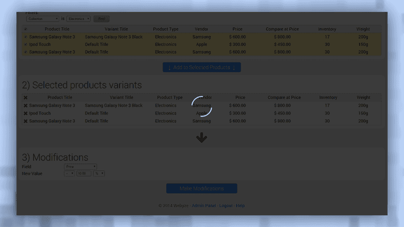 Admin panel applying modifications