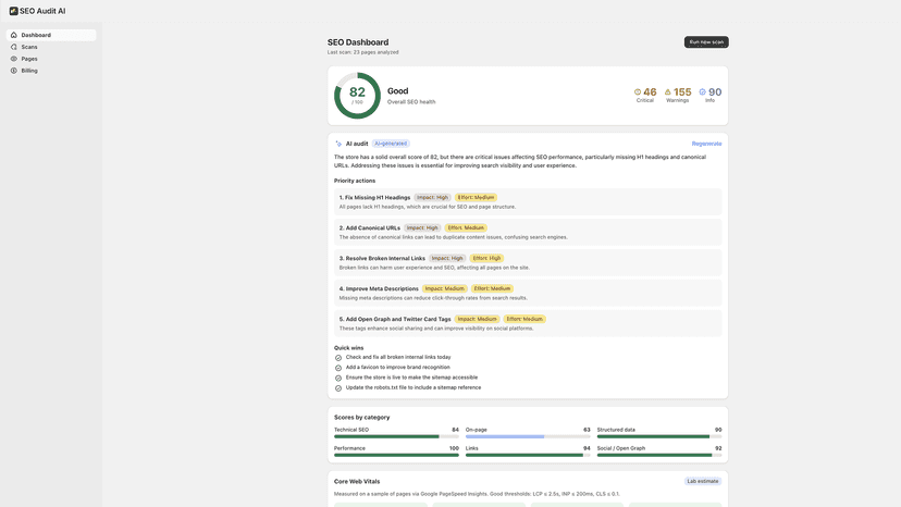 SEO Audit AI dashboard with health score and AI audit