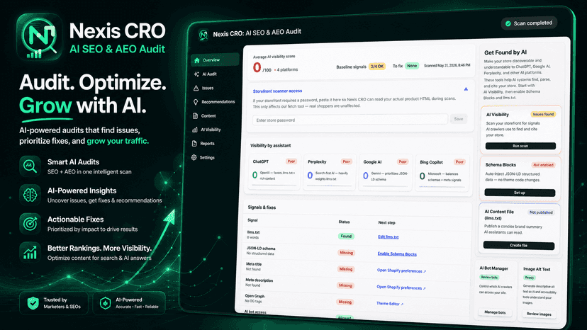 Nexis CRO audit dashboard showing SEO and AEO scores with priori