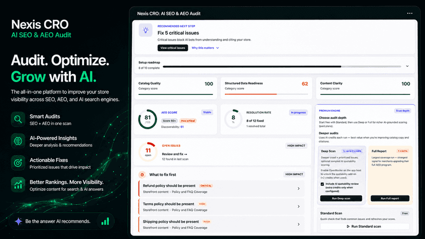 Nexis CRO app dashboard showing automated Shopify storefront aud