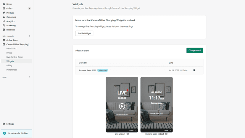 CameraFi Live Shopping Widgets page