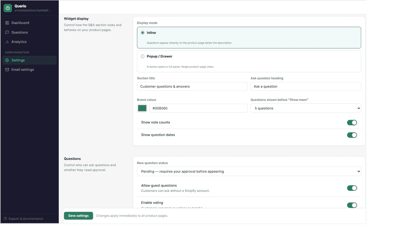 Querio Product Q&A admin dashboard showing settings