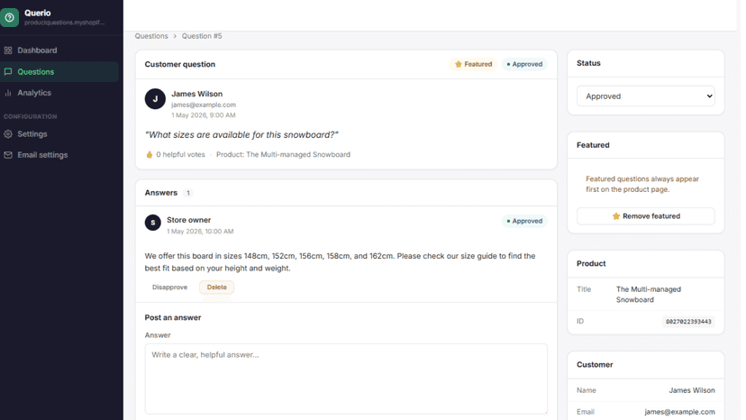 Querio question detail page showing customer question with admin