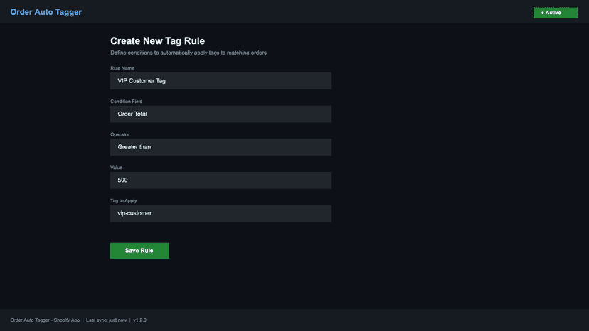 Rule editor for automatic order tagging conditions