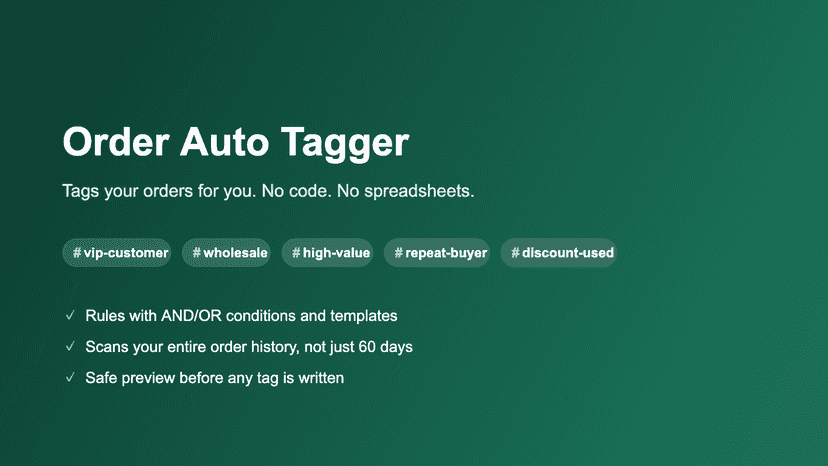 Order Auto Tagger banner showing automatic order tag examples