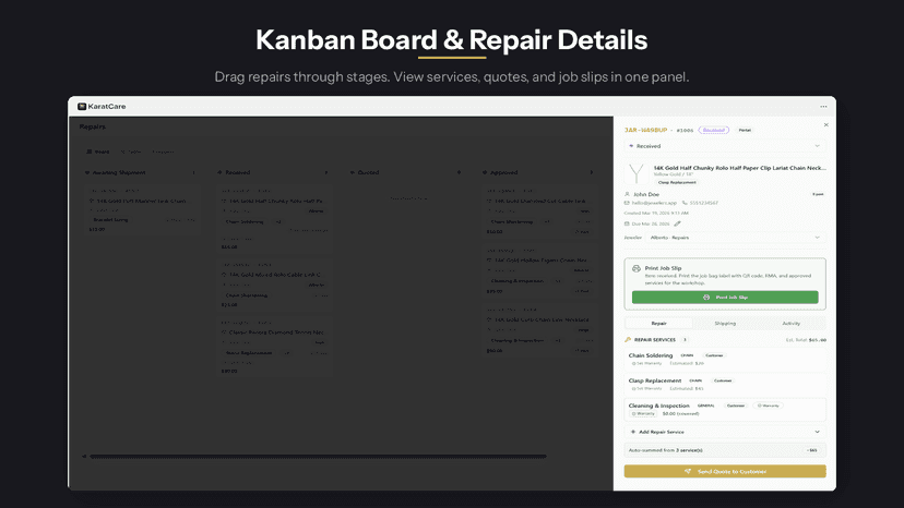 Kanban board with repair detail panel and quote actions
