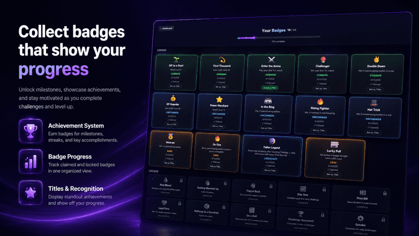Badges screen showing earned achievements and progress