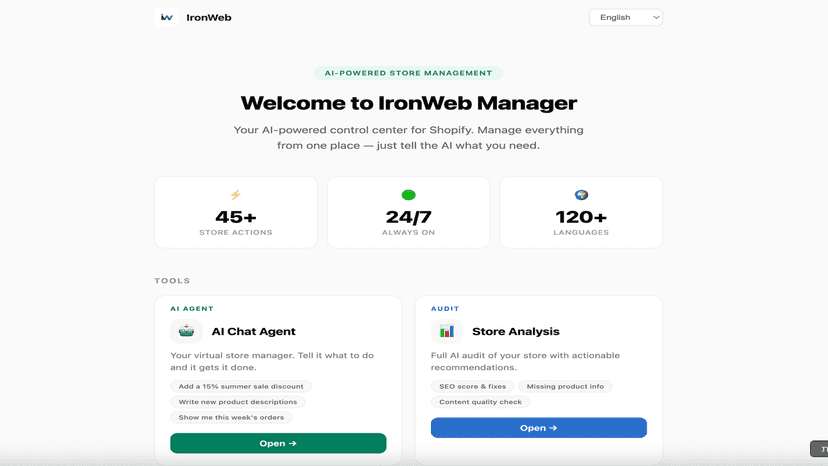 IronWeb Manager dashboard with AI tools