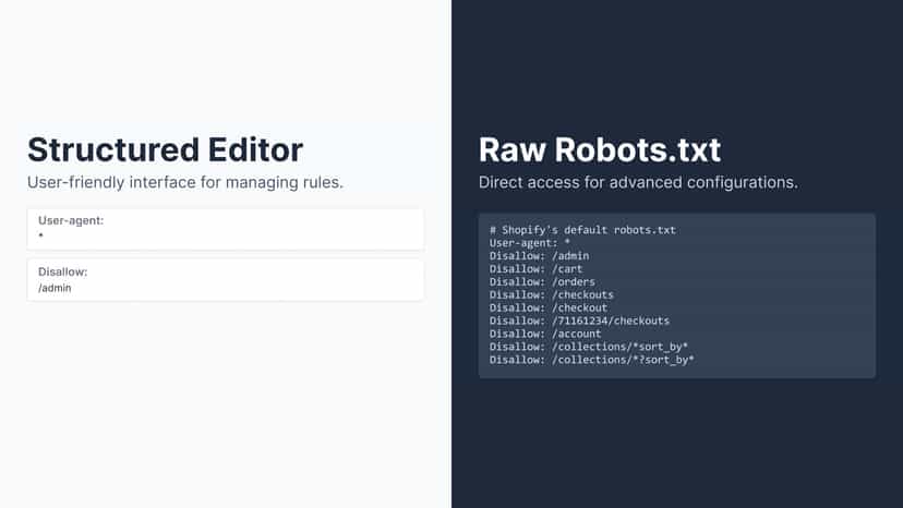 Edit robots.txt rules with structured and raw editors