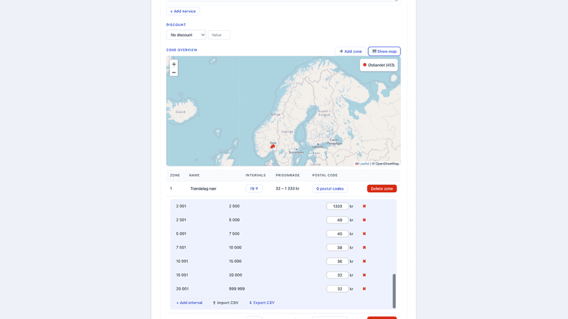 Zone map with Norwegian postal code coverage