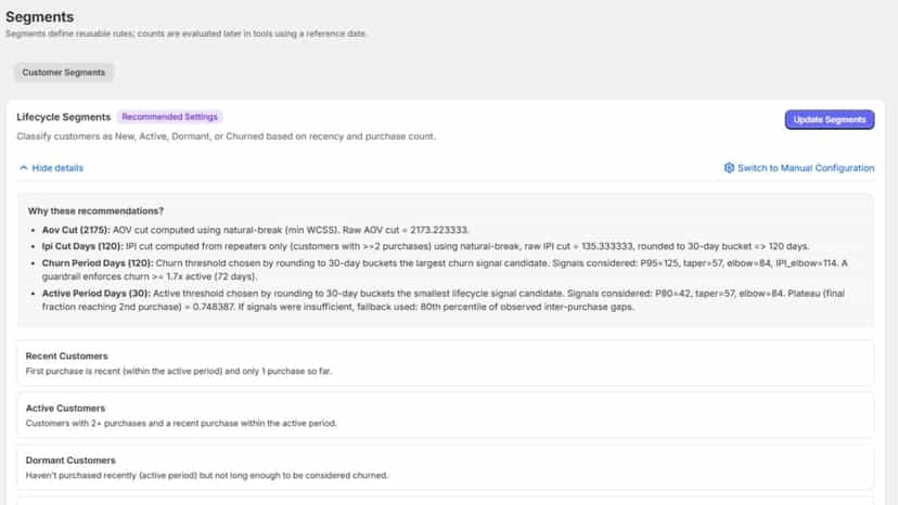 Auto segments configuration with manual update option