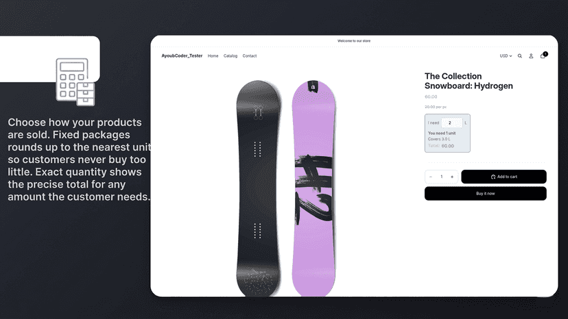 Customer quantity calculator showing total update instantly on p