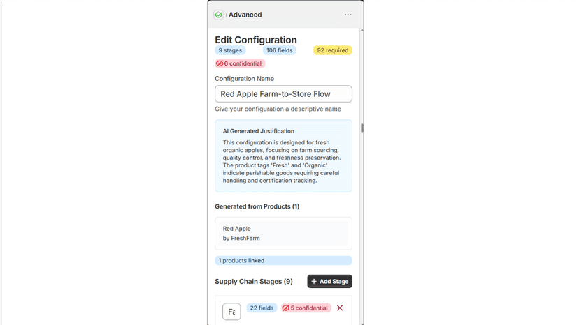 Edit screen for supply chain configuration