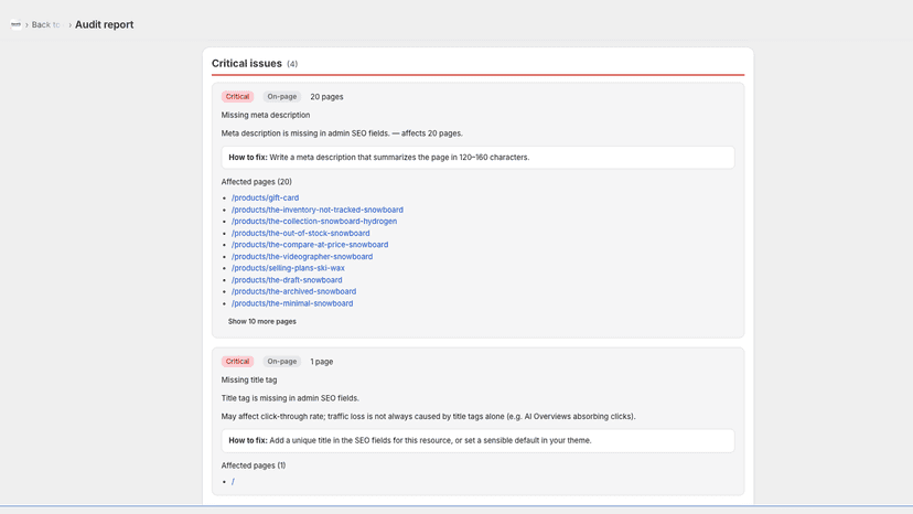 Critical issues with fix steps and affected page URLs