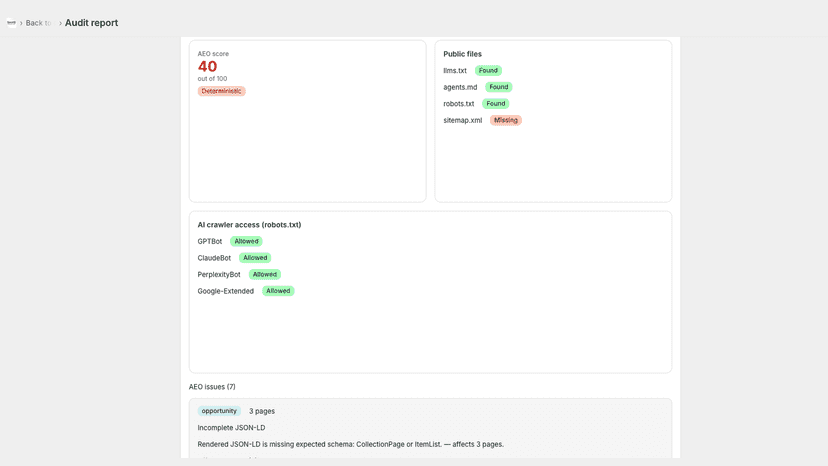AEO checks for llms.txt, robots.txt, and AI crawlers