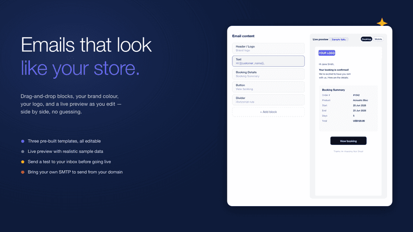 Rental email template editor with live preview pane