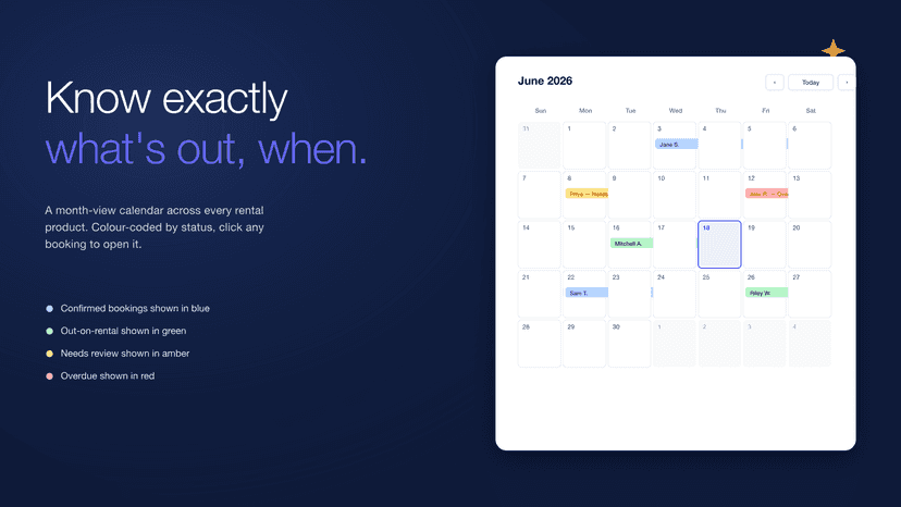 Monthly rental booking calendar color coded by status